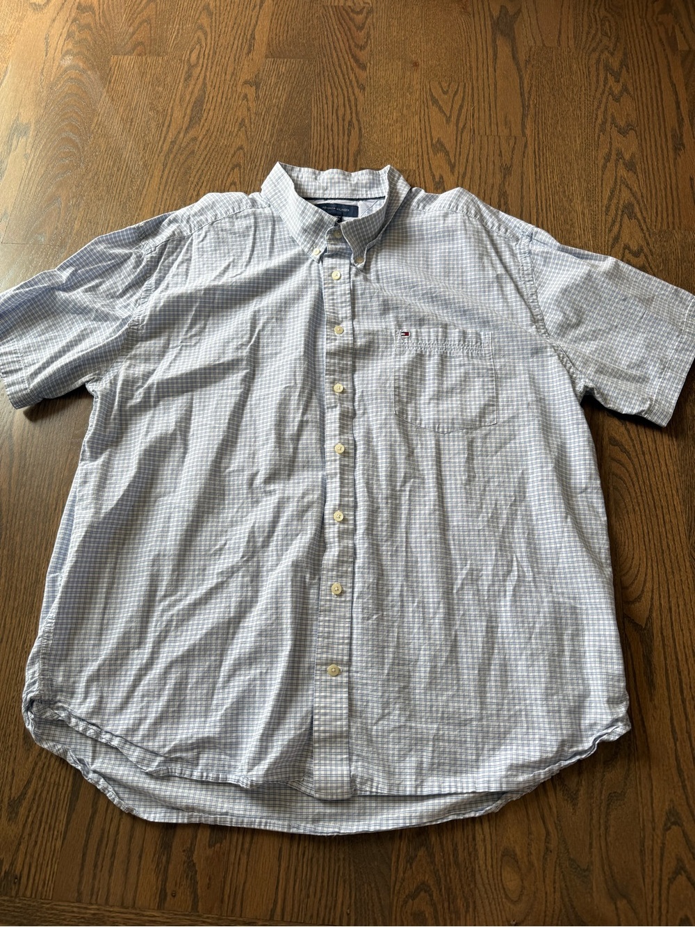 Tommy Hilfiger Light Blue and White Gingham Short-Sleeve Button-Down Shirt XXL